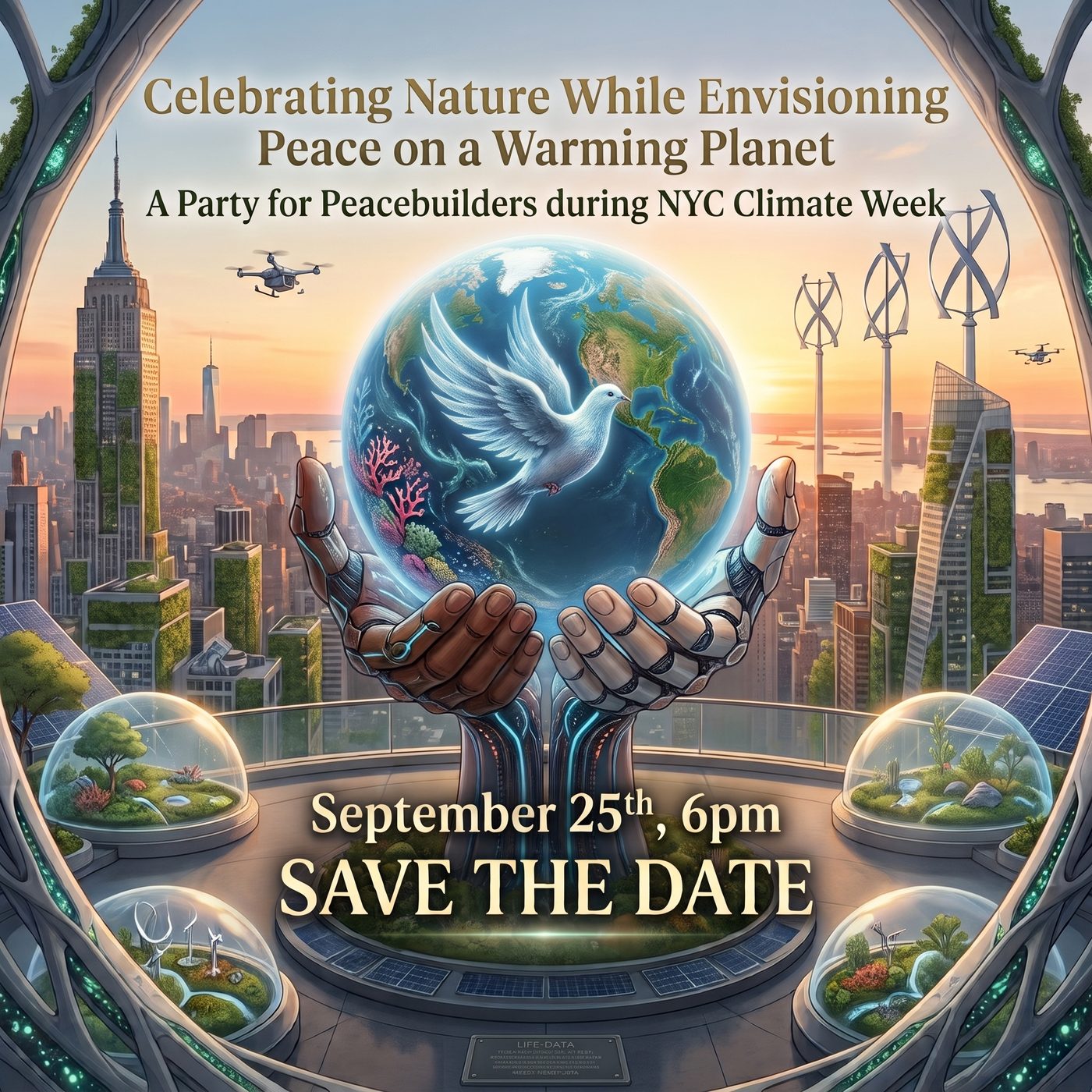 Save the date artwork for Celebrating Nature While Envisioning Peace on a Warming Planet, a party for peacebuilders during NYC Climate Week on September 25th at 6pm, illustrated with robotic hands cradling a globe above a green New York City skyline.